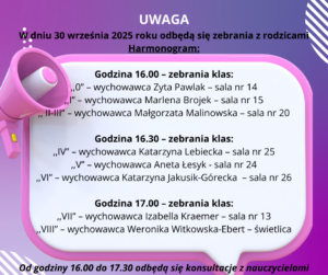Ulotka informacyjna z harmonogramem spotkań z rodzicami.