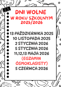 Ulotka informacyjna - dni wolne od zajęć dydaktycznych w roku szkolnym 2025/2026